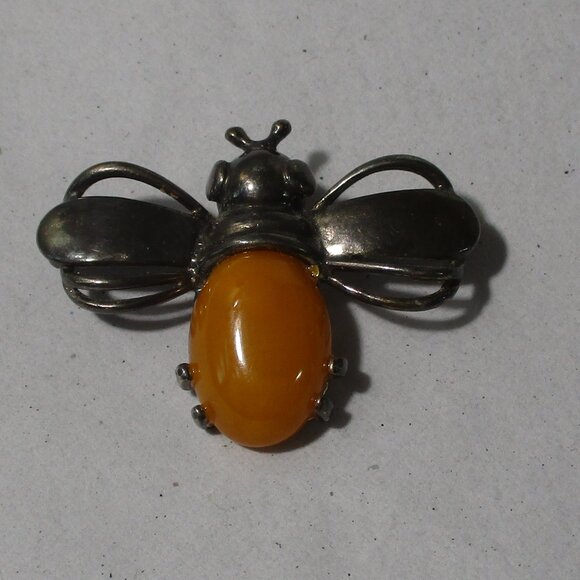 Vintage Small Sterling Cabochon Bumble Bee Bug Pin - Picture 5 of 5